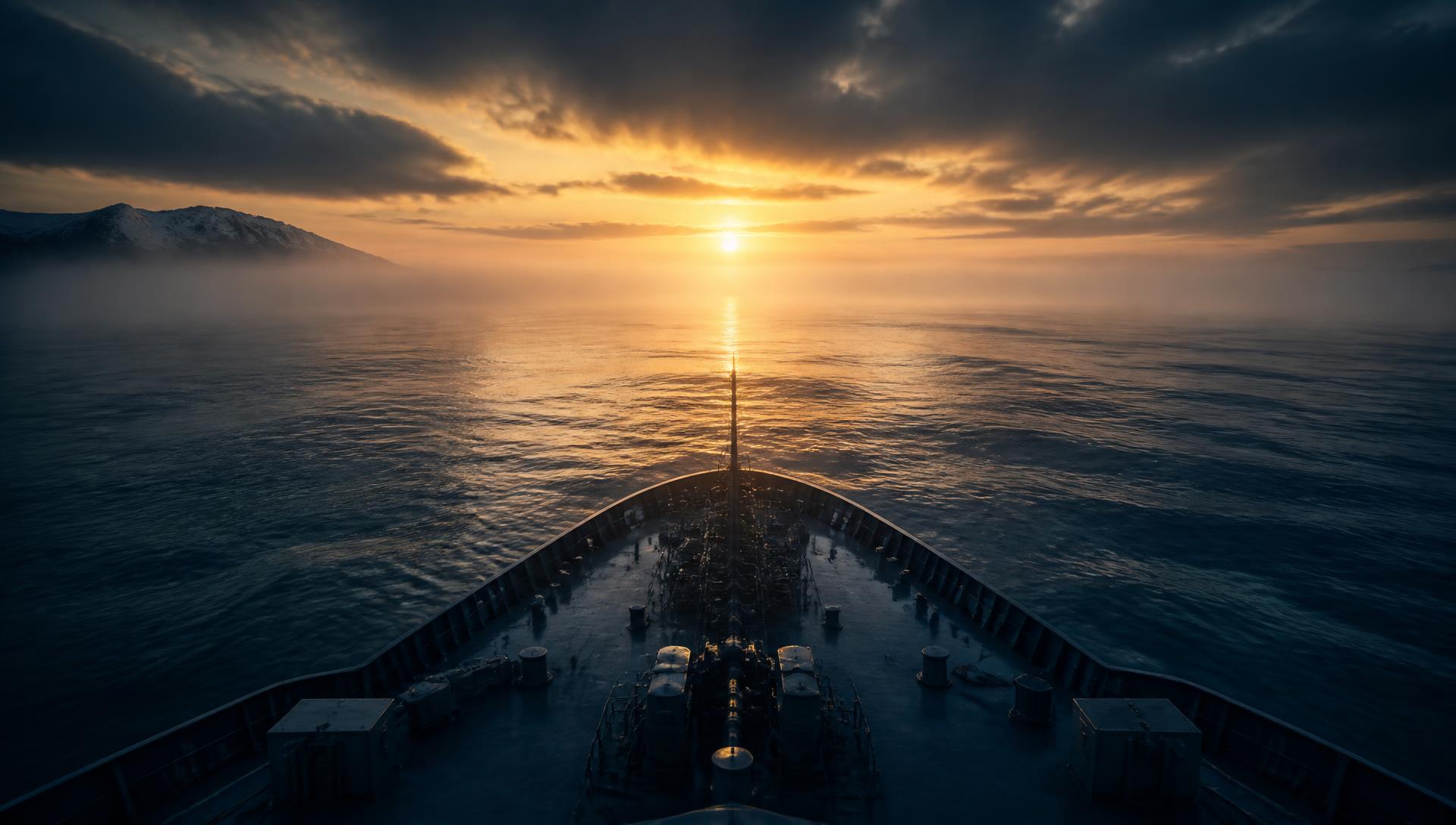 Prua di una nave che fende il mare all'alba, con l'orizzonte illuminato dal sole
