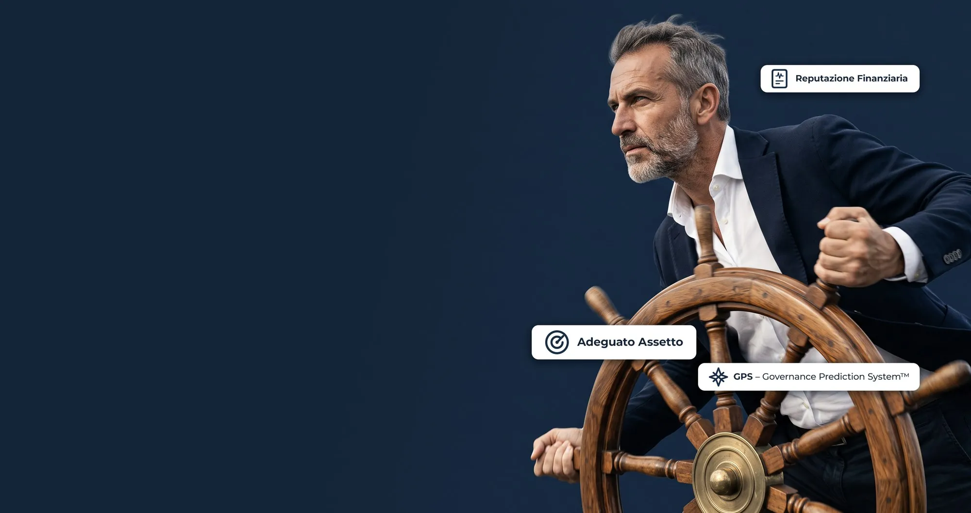 Imprenditore al timone di una nave, con le etichette «Adeguato Assetto» e «GPS – Governance Prediction System»