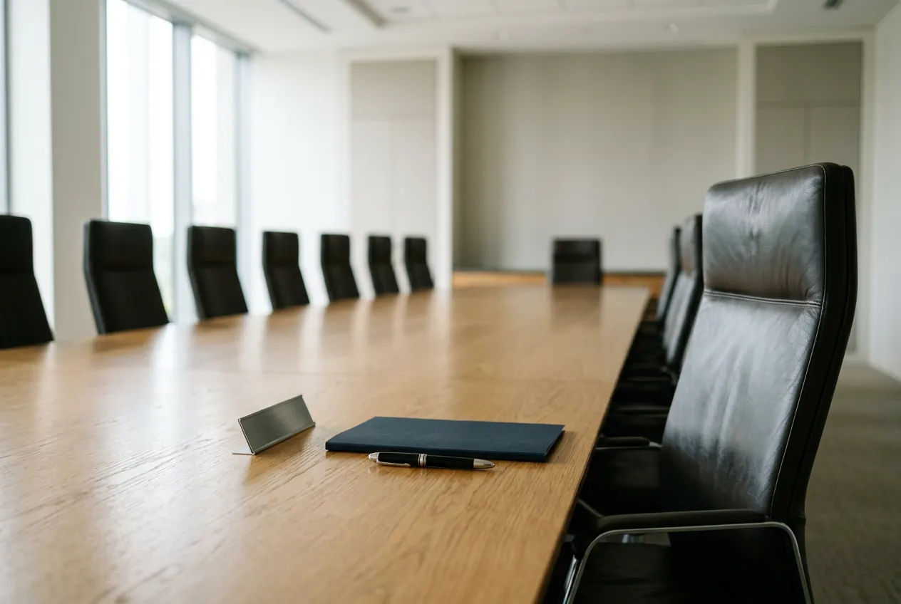 Sala riunioni vuota con tavolo in legno e sedie in pelle